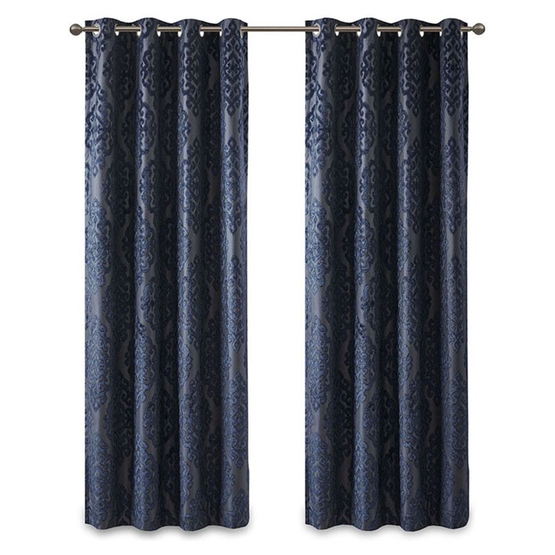 Pemberly Row Fabric Knitted Jacquard Total Blackout Window Panel in Navy