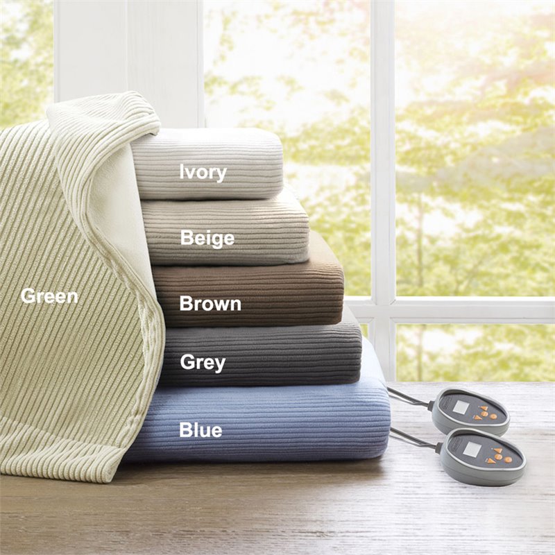 Pemberly Row Polyester Knitted Micro Fleece Solid Textured Heated Blanket - Blue