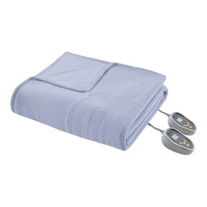 pemberly row polyester knitted micro fleece solid textured heated blanket - blue