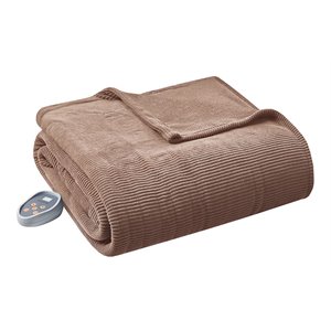 pemberly row polyester knitted micro fleece solid textured heated blanket- brown