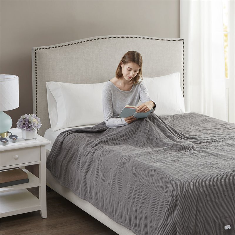 Pemberly Row Polyester Knitted Micro Fleece Solid Textured Heated Blanket - Gray