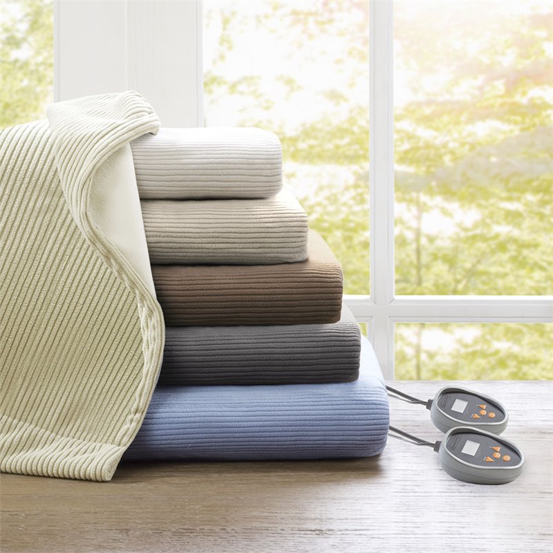 Pemberly Row Polyester Knitted Micro Fleece Solid Textured Heated Blanket - Gray