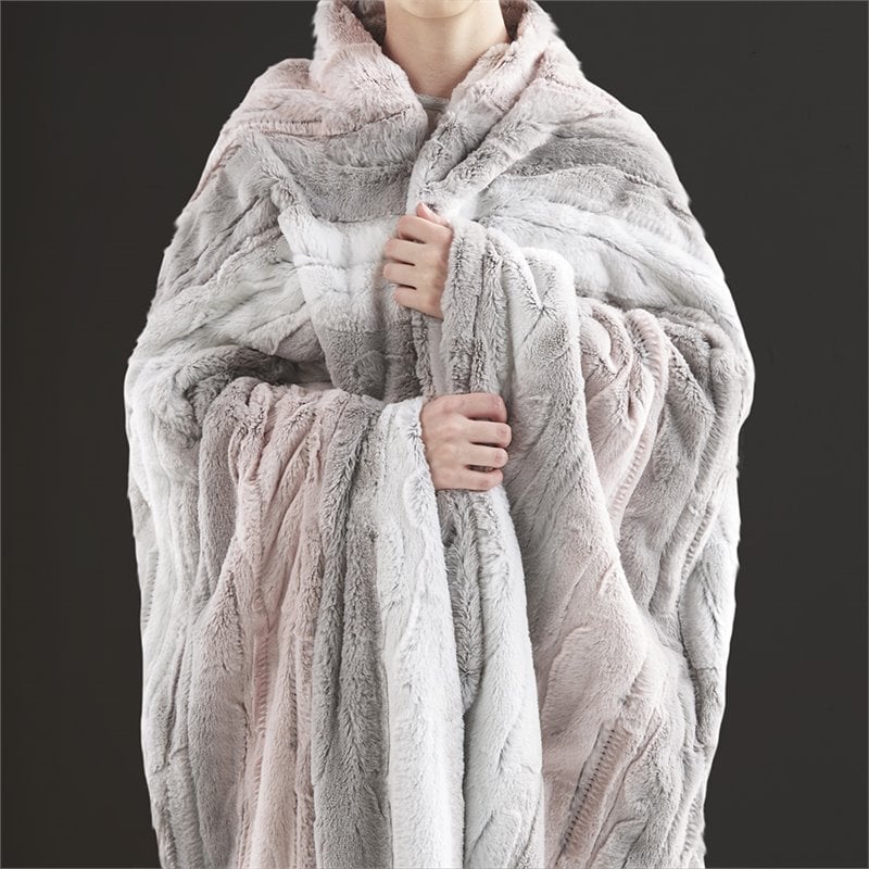 Pemberly Row Polyester Oversized Faux Tip Dye Heated Throw in Blush Pink/Gray