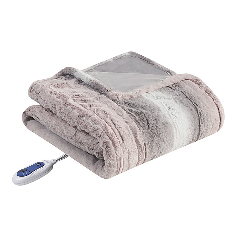 Pemberly Row Polyester Oversized Faux Tip Dye Heated Throw in Blush Pink/Gray