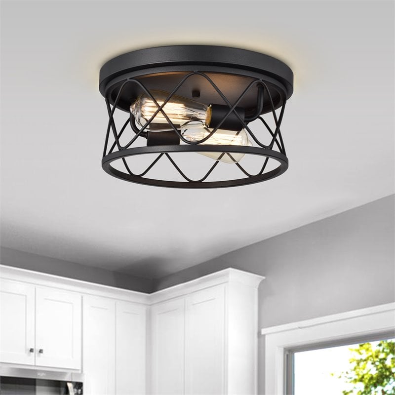 Pemberly Row 2-Light Metal Ceiling Flush Fixture in Textured Black