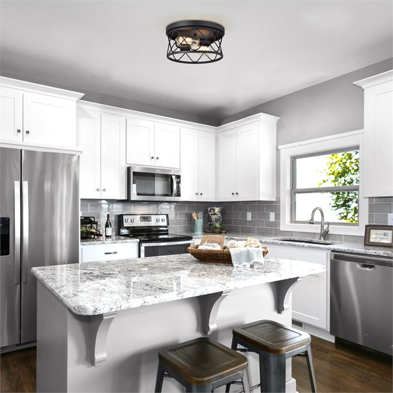 Pemberly Row 2-Light Metal Ceiling Flush Fixture in Textured Black