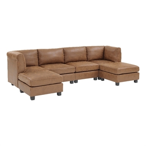 Pemberly Row Faux Leather 120&quot Modular Sectional with Ottoman in Ginger
