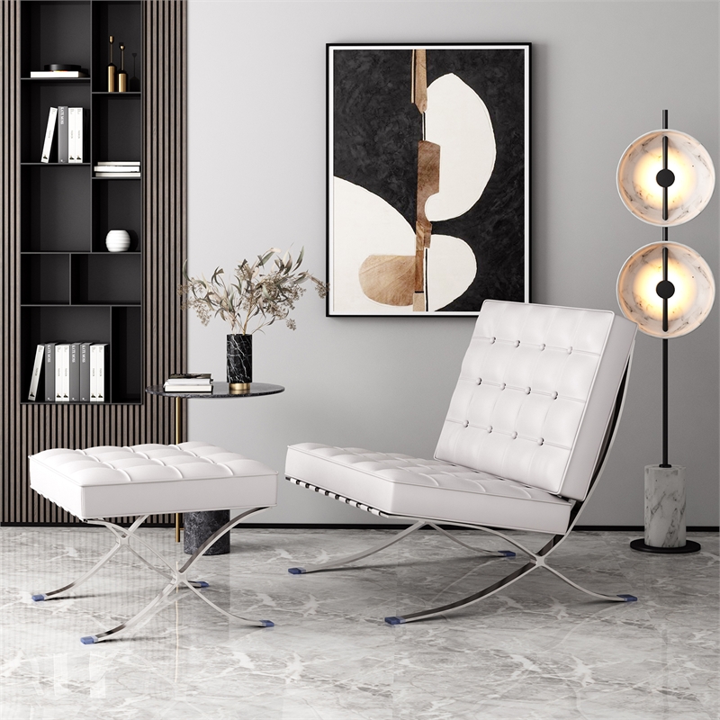 Pemberly Row Leather Cowhide Tufted Accent Lounge Chair with Ottoman - White