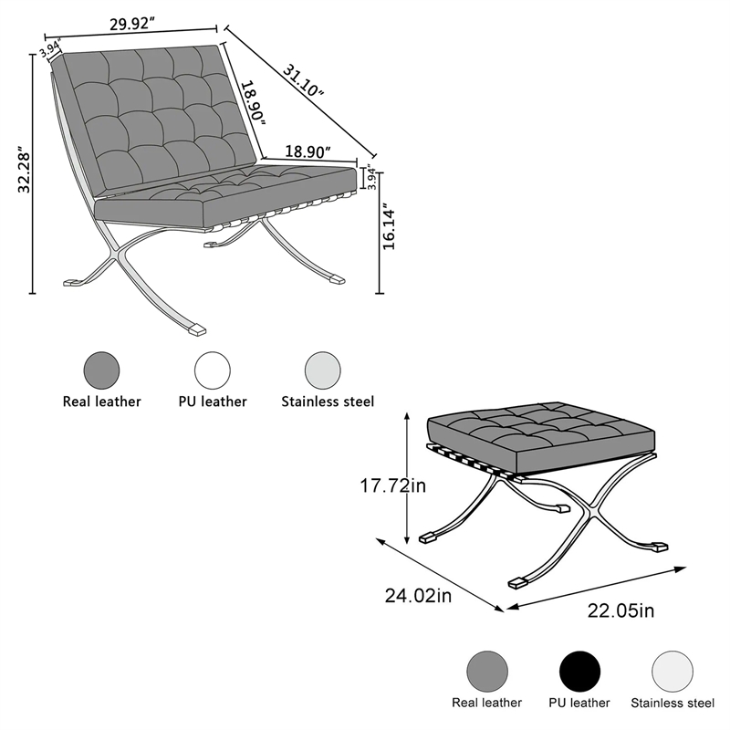 Pemberly Row Leather Cowhide Tufted Accent Lounge Chair with Ottoman - White