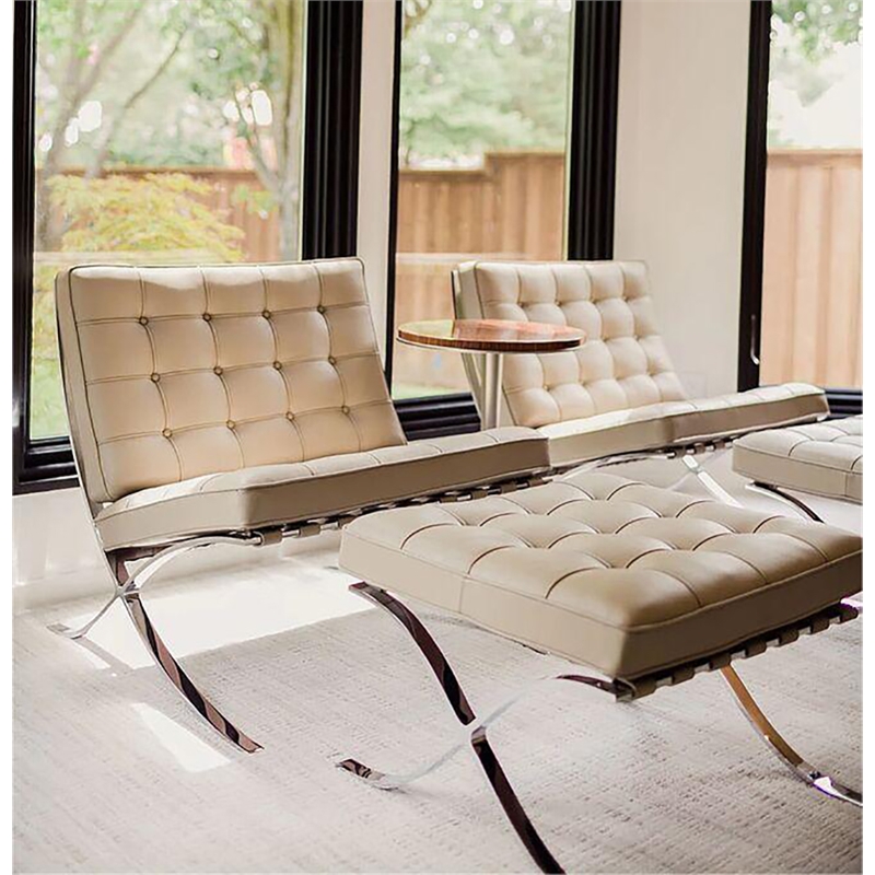 Pemberly Row Leather Cowhide Tufted Accent Lounge Chair with Ottoman - White