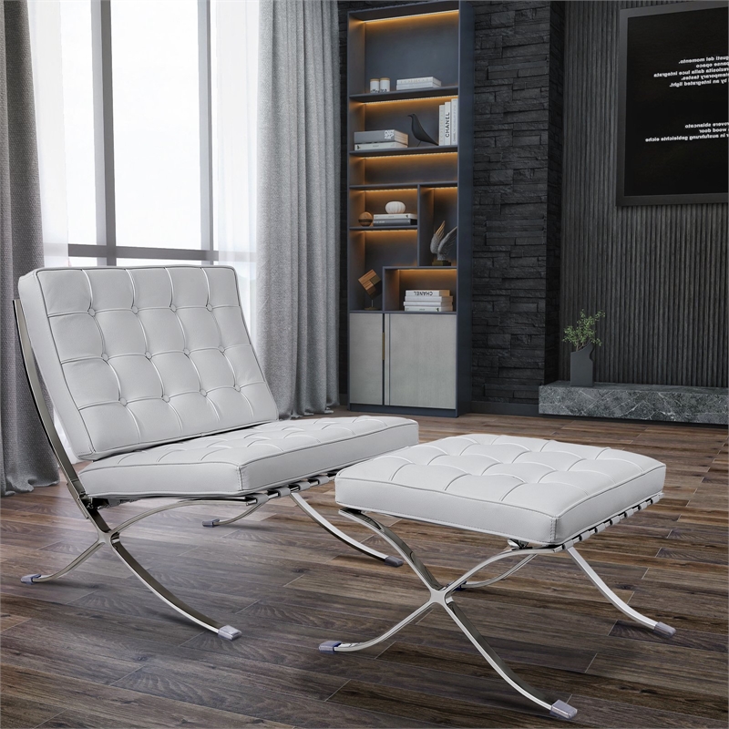 Pemberly Row Leather Cowhide Tufted Accent Lounge Chair with Ottoman - White