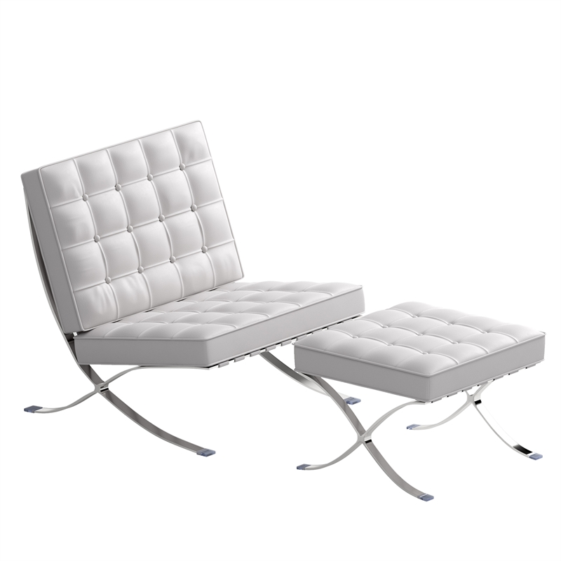 Pemberly Row Leather Cowhide Tufted Accent Lounge Chair with Ottoman - White