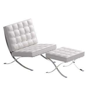Pemberly Row Leather Cowhide Tufted Accent Lounge Chair with Ottoman - White