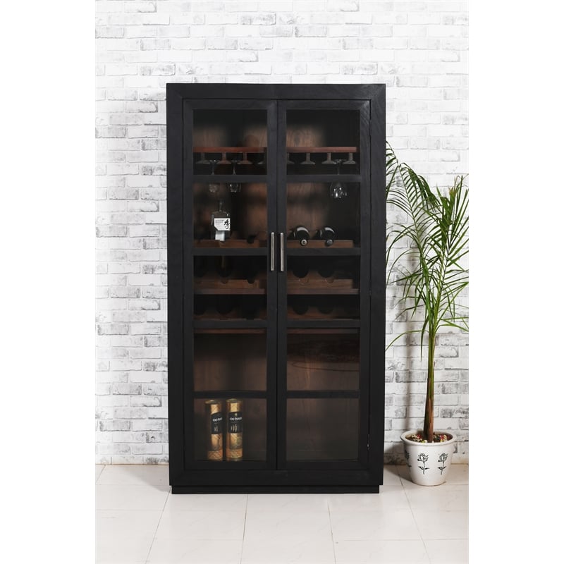 Pemberly Row Tall Wine Cabinet in Dark Gray Finish on Mango Solid Wood