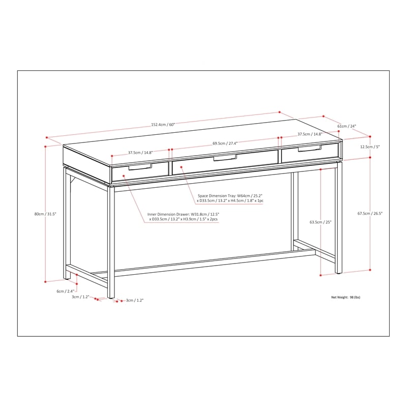 Pemberly Row Solid Hardwood Modern Industrial 60 inch Wide Desk in Hickory Brown