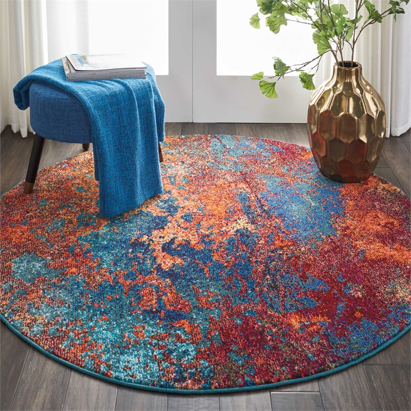 Pemberly Row 5' Round Blue and Red Fabric Contemporary Area Rug