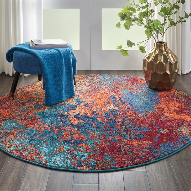 Pemberly Row 5' Round Blue and Red Fabric Contemporary Area Rug