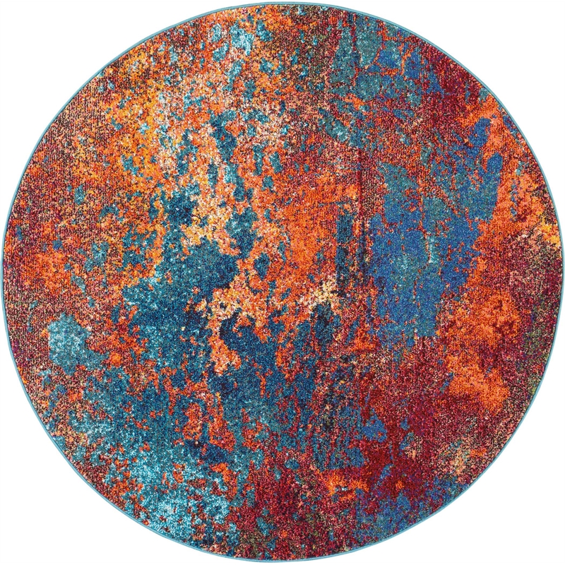 Pemberly Row 5' Round Blue and Red Fabric Contemporary Area Rug