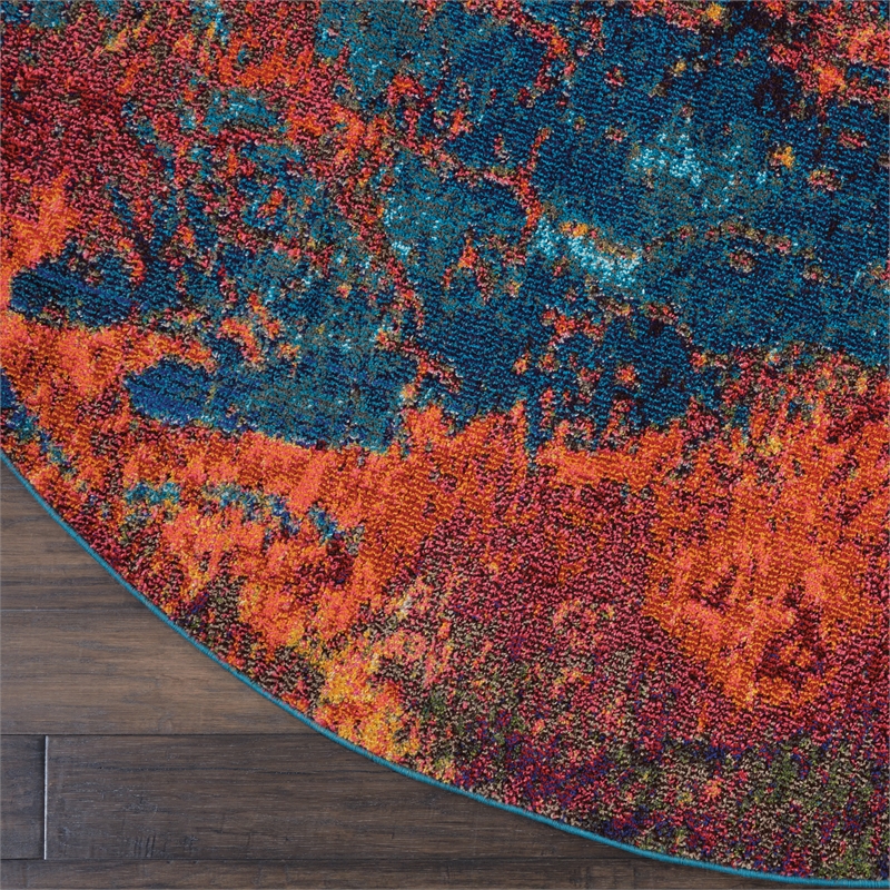Pemberly Row 5' Round Blue and Red Fabric Contemporary Area Rug