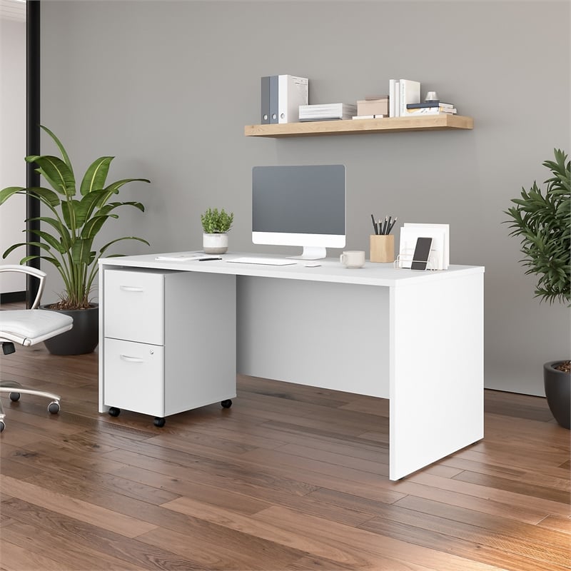 Pemberly Row 66W Office Desk and Mobile File Cabinet in White - Engineered Wood