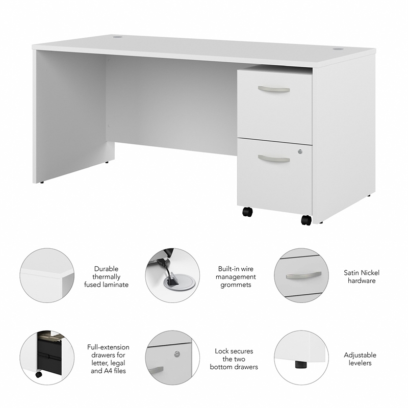 Pemberly Row 66W Office Desk and Mobile File Cabinet in White - Engineered Wood