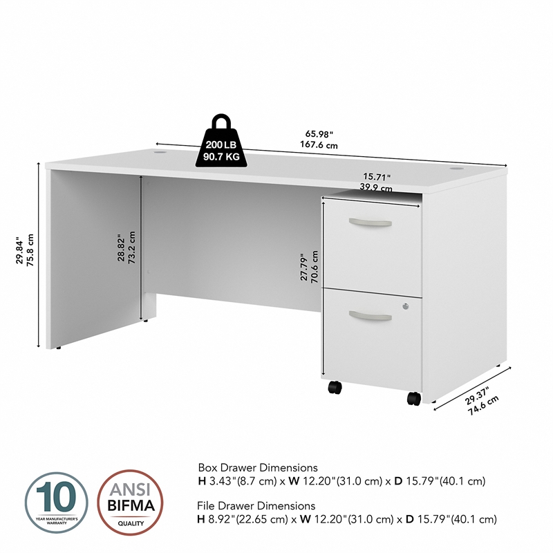 Pemberly Row 66W Office Desk and Mobile File Cabinet in White - Engineered Wood