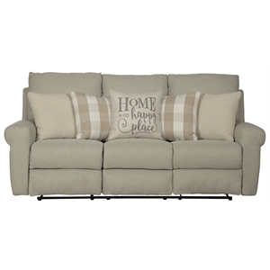 Pemberly Row Flat Reclining Sofa in Beige Fabric with Accent Pillows