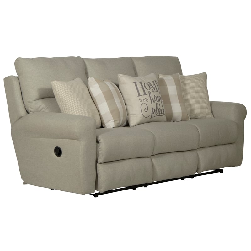 Pemberly Row Flat Reclining Sofa in Beige Fabric with Accent Pillows