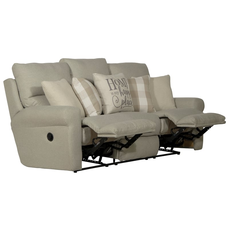 Pemberly Row Flat Reclining Sofa in Beige Fabric with Accent Pillows