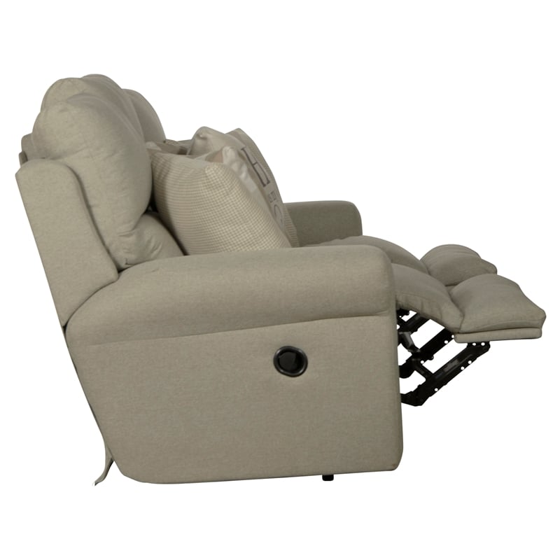 Pemberly Row Flat Reclining Sofa in Beige Fabric with Accent Pillows