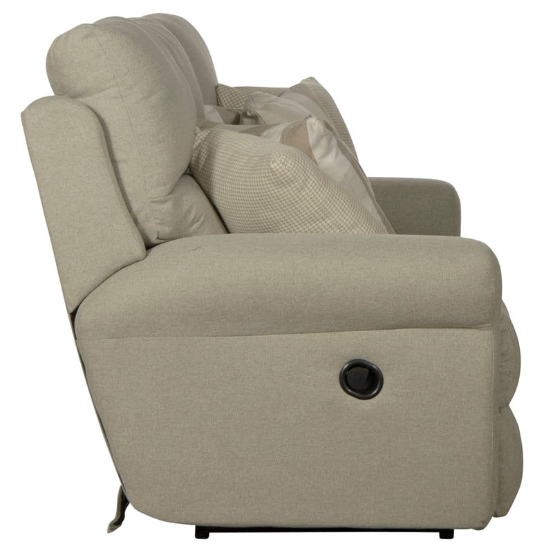 Pemberly Row Flat Reclining Sofa in Beige Fabric with Accent Pillows