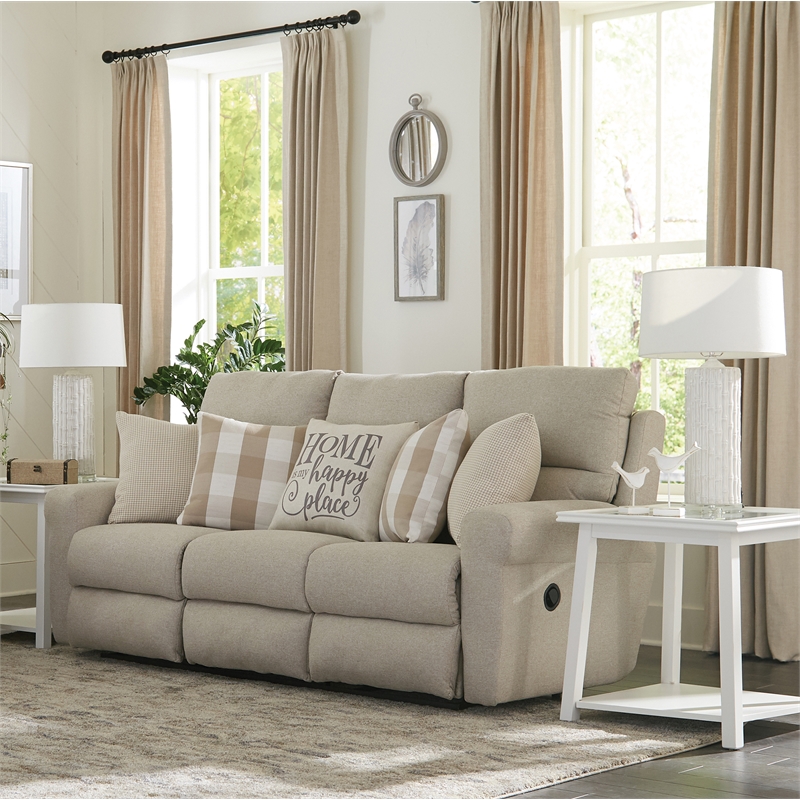 Pemberly Row Flat Reclining Sofa in Beige Fabric with Accent Pillows