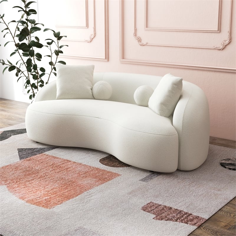 Pemberly Row Living Room French Knitted White Boucle Fabric Upholstered Sofa