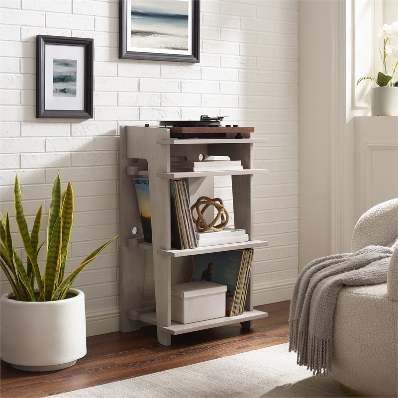 Pemberly Row MDF Wood and Birch Veneer Turntable Stand in Gray