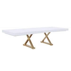 Pemberly Row Rectangle Extendable Modern White Wood Dining Table in Brushed Gold