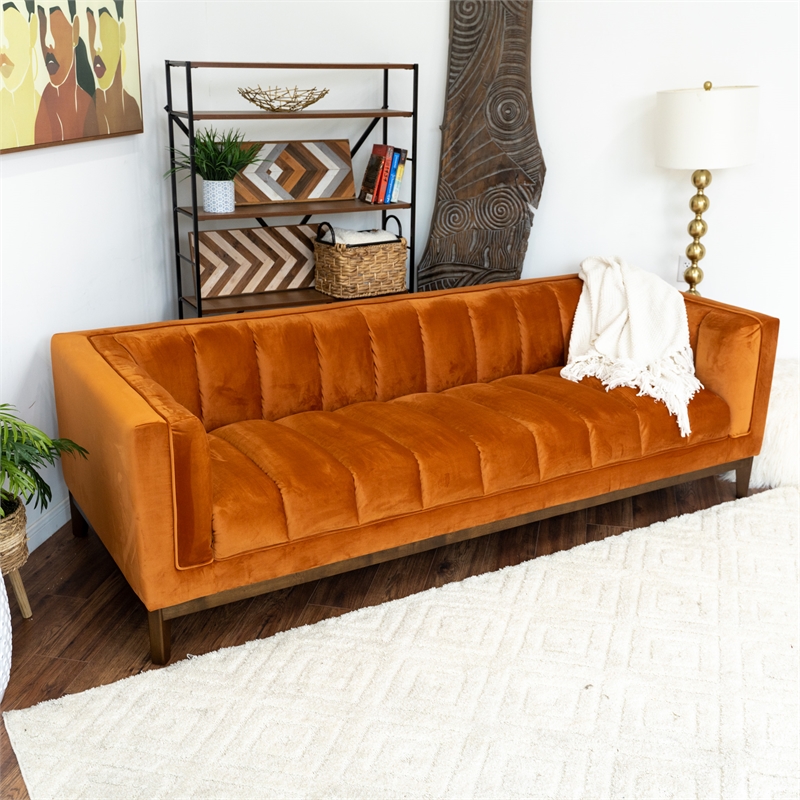 Pemberly Row Mid Century Modern Luxury Living Room Orange Velvet Couch