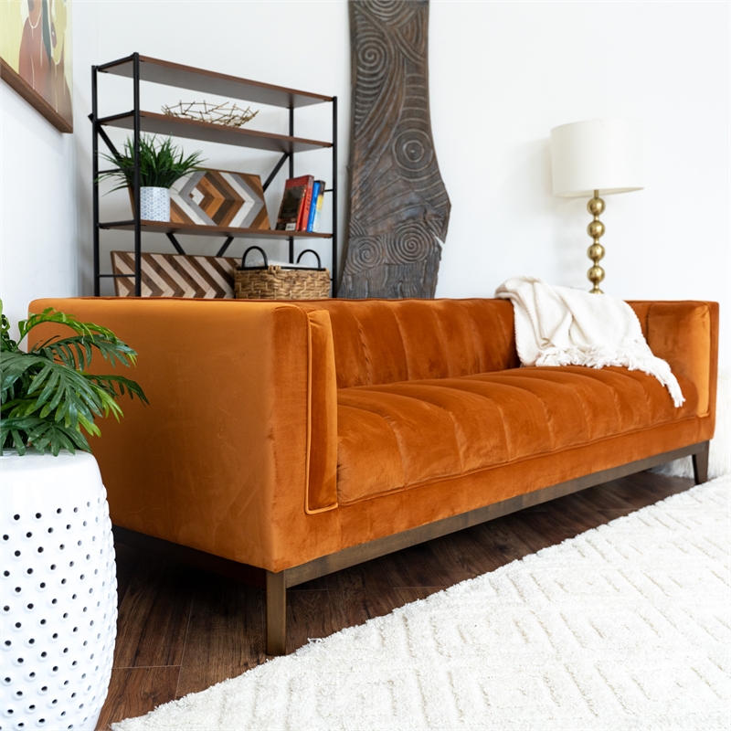 Pemberly Row Mid Century Modern Luxury Living Room Orange Velvet Couch