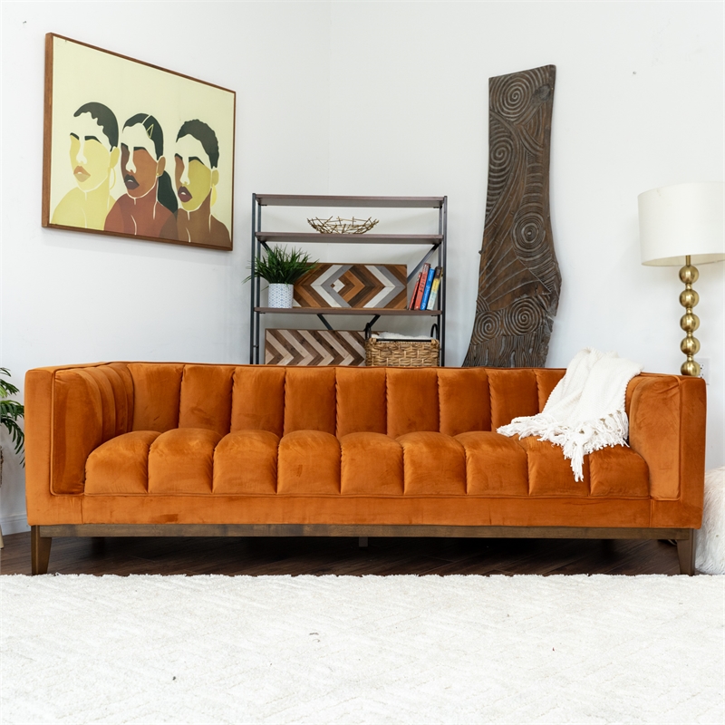 Pemberly Row Mid Century Modern Luxury Living Room Orange Velvet Couch