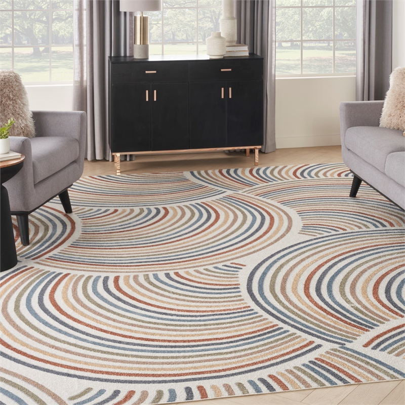 Pemberly Row Machine Washable 9' x 12' Ivory/Multi Mid-Century Indoor Rug