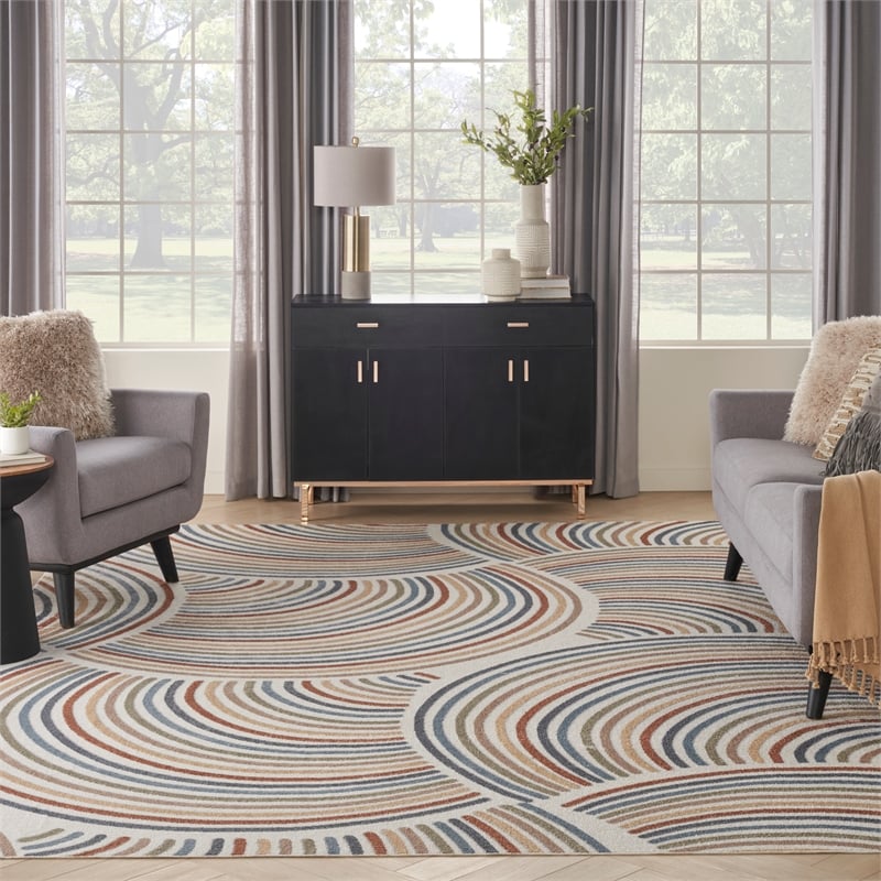 Pemberly Row Machine Washable 9' x 12' Ivory/Multi Mid-Century Indoor Rug