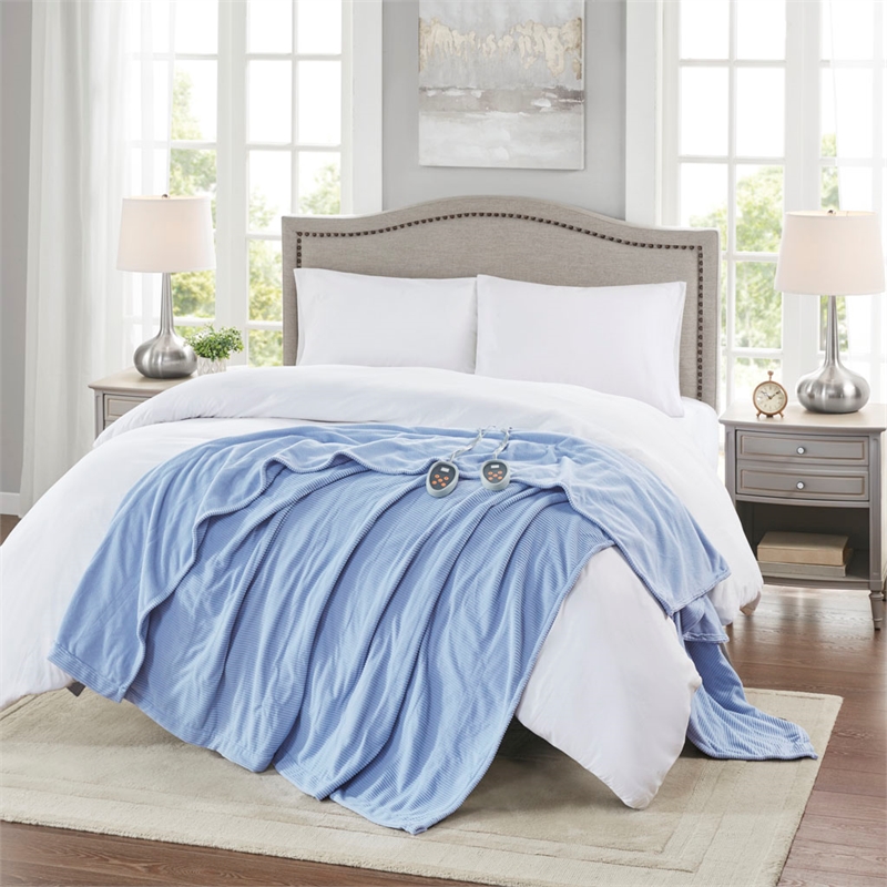 Pemberly Row Modern Electric Micro Fleece Heated Blanket in Blue