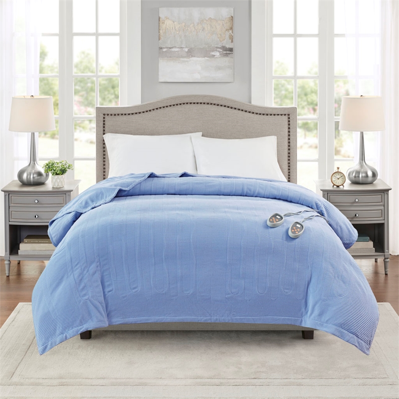 Pemberly Row Modern Electric Micro Fleece Heated Blanket in Blue