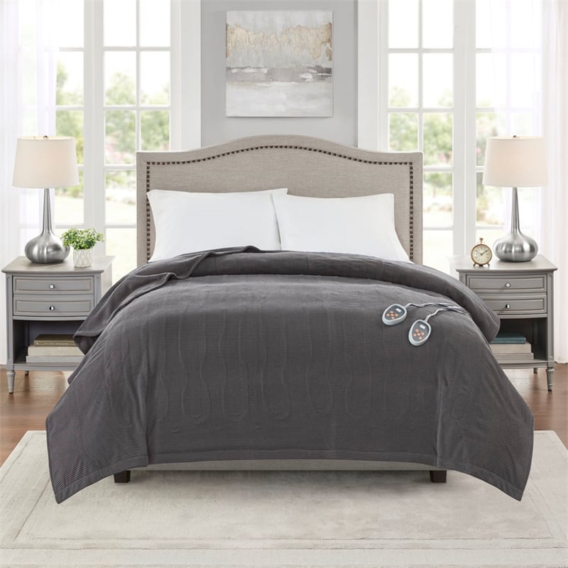 Pemberly Row Modern Electric Micro Fleece Heated Blanket in Gray