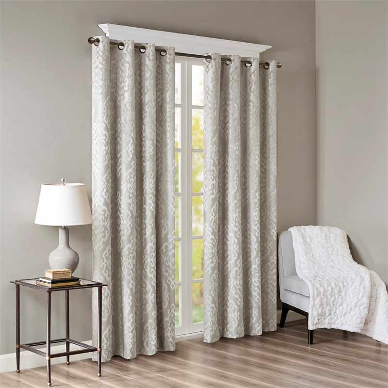 Pemberly Row Knitted Jacquard Damask Total Blackout Grommet Top Curtain Panel