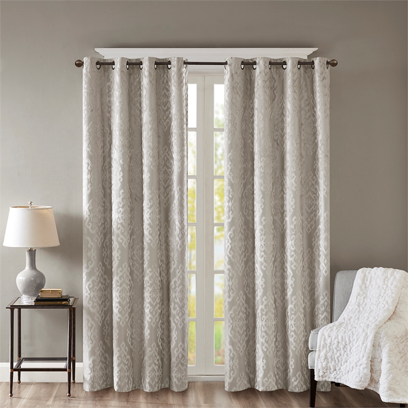 Pemberly Row Knitted Jacquard Damask Total Blackout Grommet Top Curtain Panel