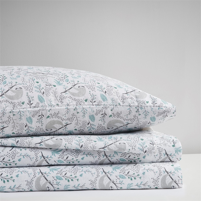 Pemberly Row Cozy Soft Cotton Flannel Printed Sheet Set in Gray Sloths Full