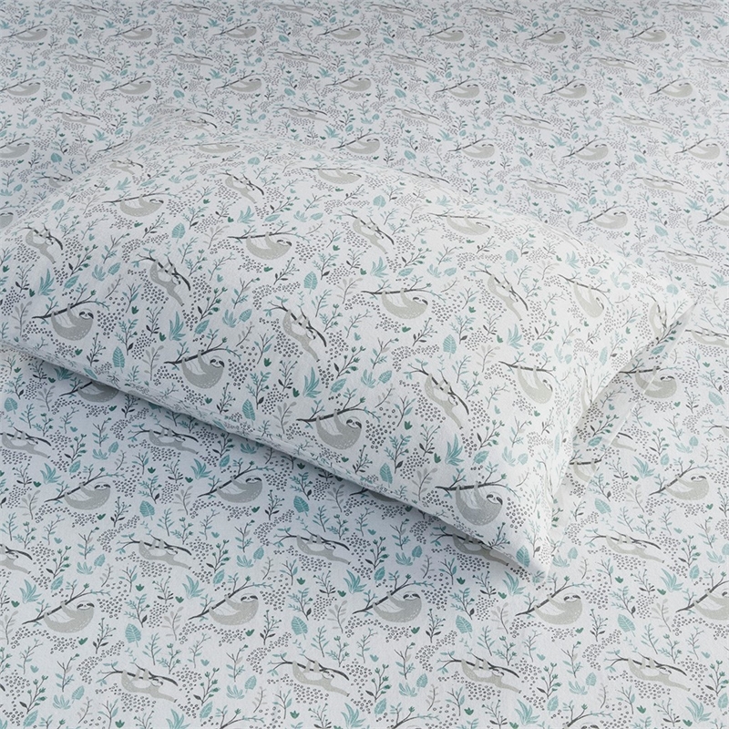 Pemberly Row Cozy Soft Cotton Flannel Printed Sheet Set in Gray Sloths Full