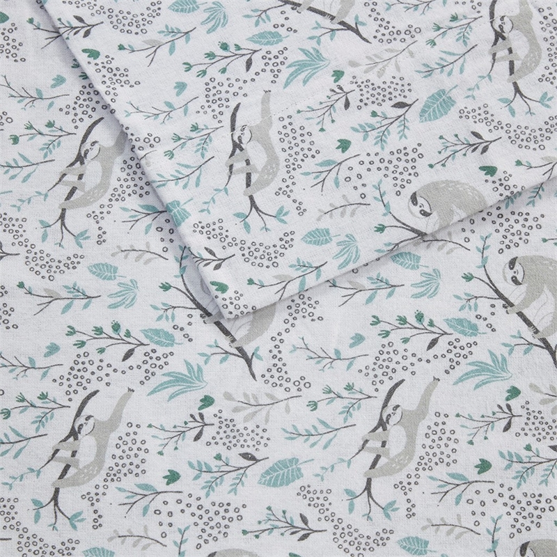 Pemberly Row Cozy Soft Cotton Flannel Printed Sheet Set in Gray Sloths Full