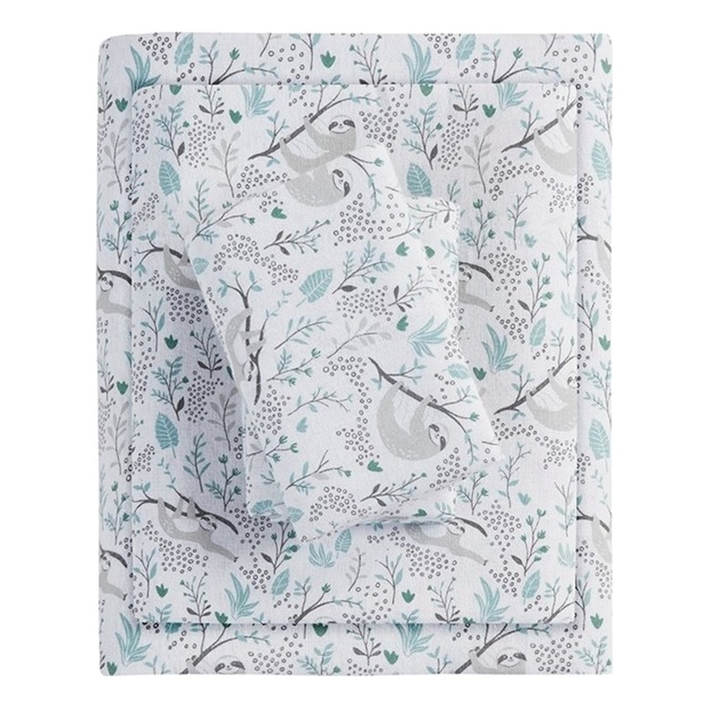 Pemberly Row Cozy Soft Cotton Flannel Printed Sheet Set in Gray Sloths Full
