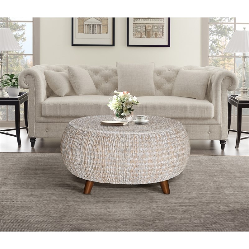 Pemberly Row Modern Low Round Wood Accent Table in Whitewashed